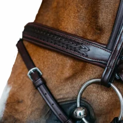 Online - Bridon muserolle combinée large New English tressé pull back cuir havane Bridons Poneys|Bridons