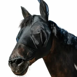 Masques Anti-Mouches Poneys|Masques Anti-Mouches*Equithème - Masque anti-mouches et UV Lycra avec oreilles et nez Noir