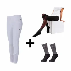 Leggings D'Équitation*Kingsland - Pack Legging d'équitation femme KLKatja W E-Tec K-Grip + Collant thermique femme Smart Layer noir + Chaussettes d'équitation KLVidalia Show pack (x3) Blanc